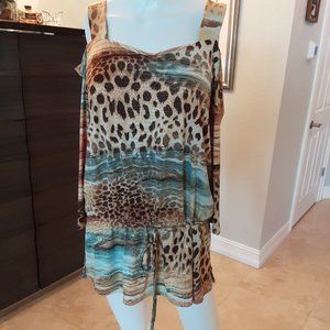 Mesmarize - Tan multi colored top with cut out shoulders and tie waist